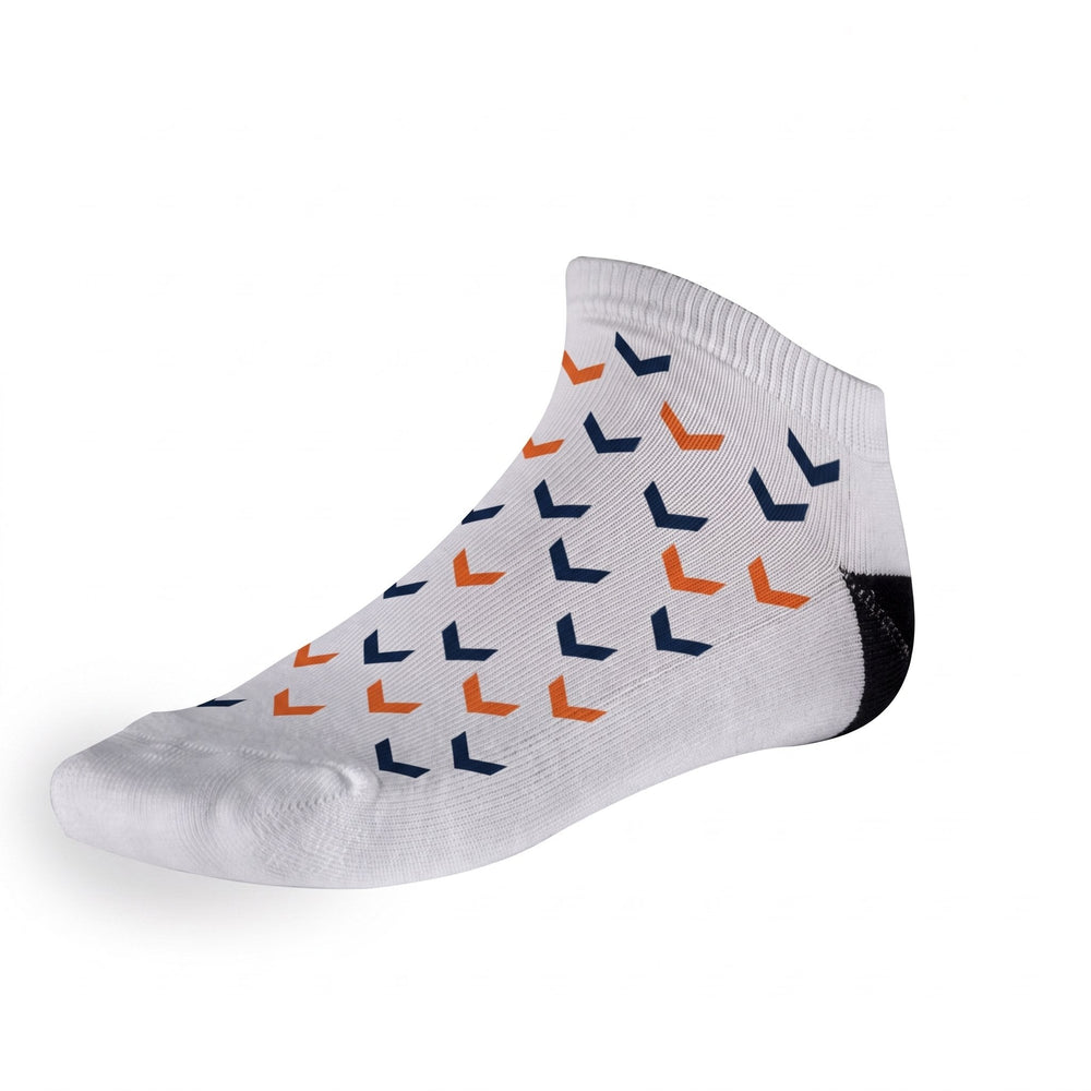 Men's sublimation trainer socks printed with navy and orange chevrons