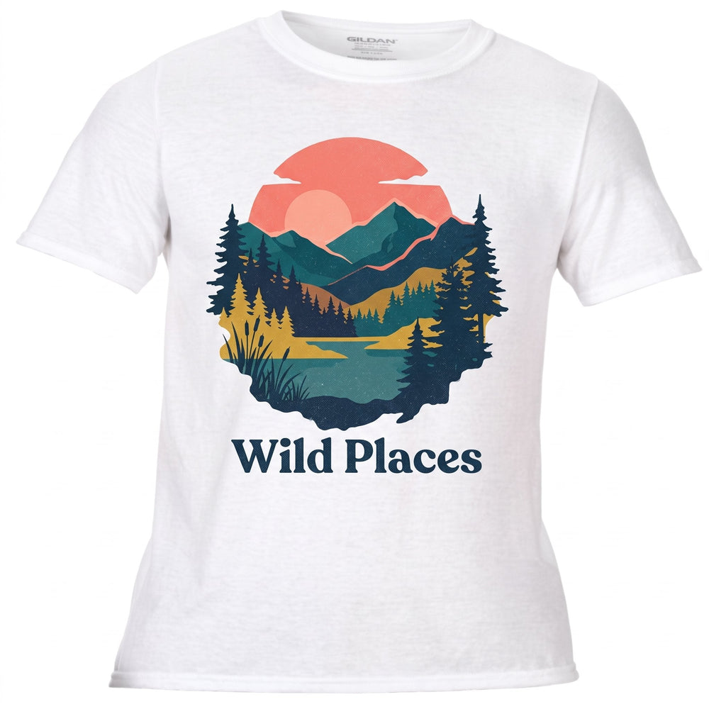 Men's sublimation T-shirts printed with mountain ridges, dark pine forest and still lake and the words 'Wild Places'