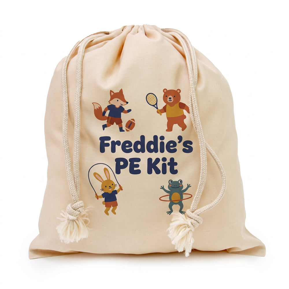 Natural cotton drawstring gift bag 25 x 30cm printed with four flat-colour illustrated animals playing sport