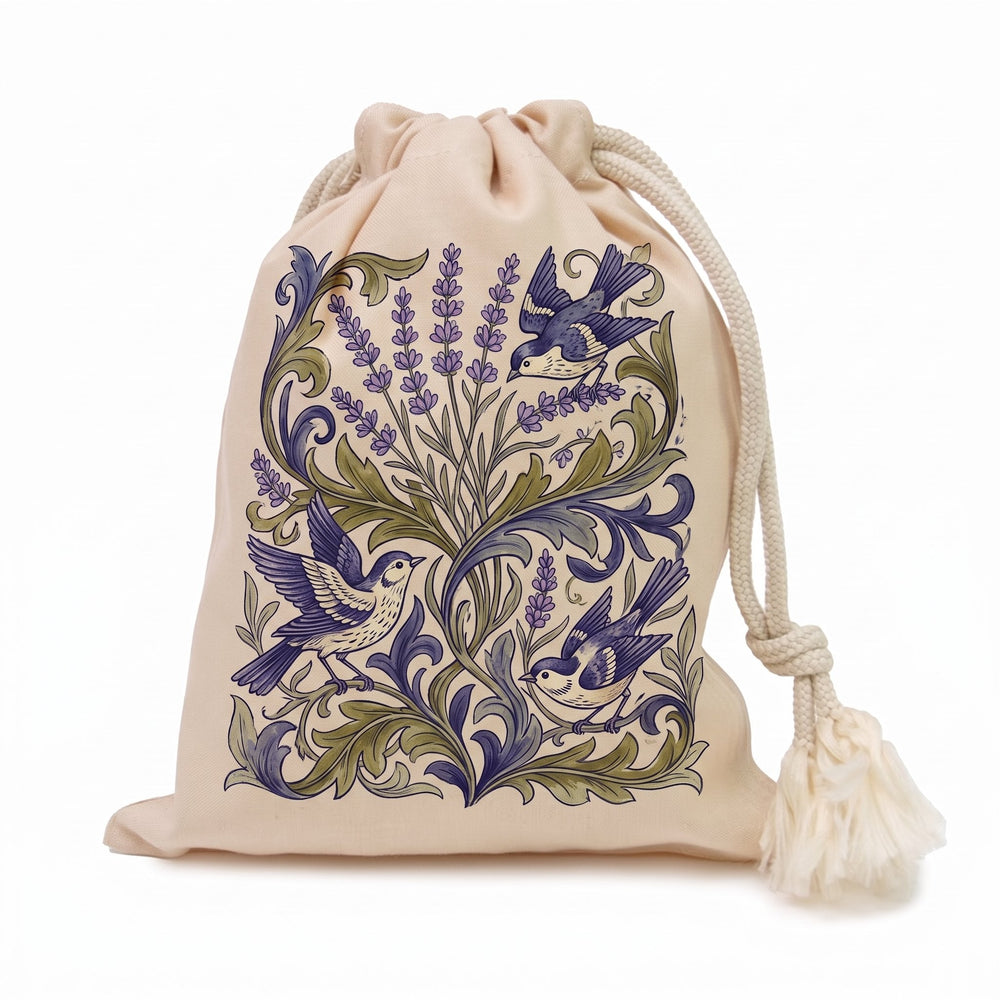 Natural cotton drawstring pouch 15 x 20cm printed with lavender sprigs, birds and curling leaves