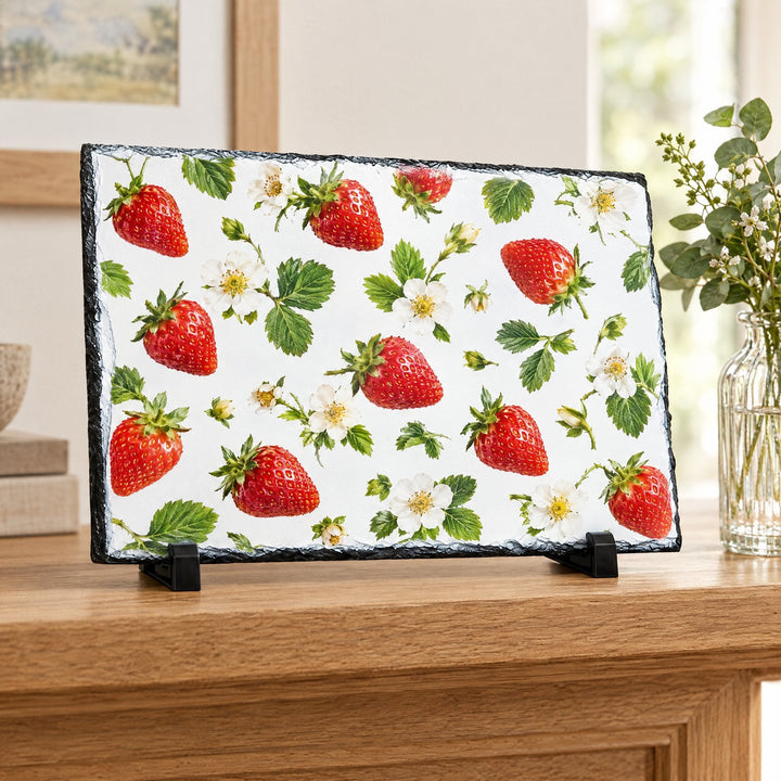 Photo slate rectangle 19.5cm x 29cm printed with ripe strawberries and blossom, on a wooden mantelpiece