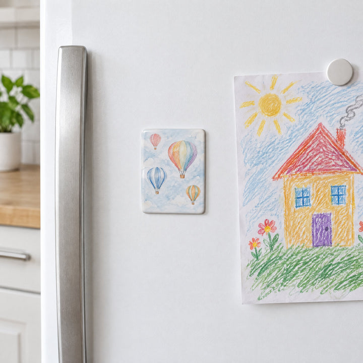 Rectangle ceramic fridge magnet printed with watercolour hot-air balloons, on a fridge door beside a child&