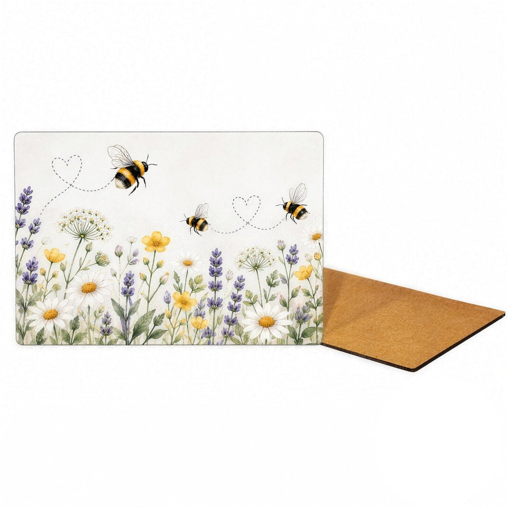 Rectangle MDF placemat with cork, European, printed with bees and wildflowers, the cork back of a second one behind