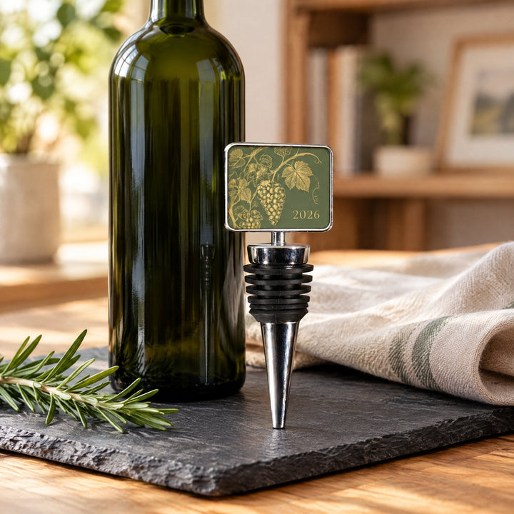 Rectangle wine stopper printed with a gold grapevine and the year 2026, standing on a slate board by a wine bottle