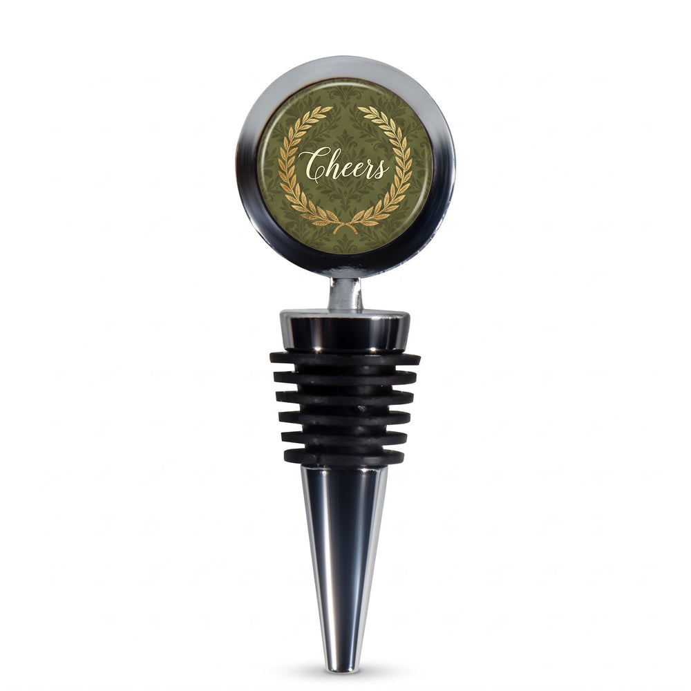 Round wine bottle stopper printed with a tonal damask of olive branches design and the words 'Cheers'