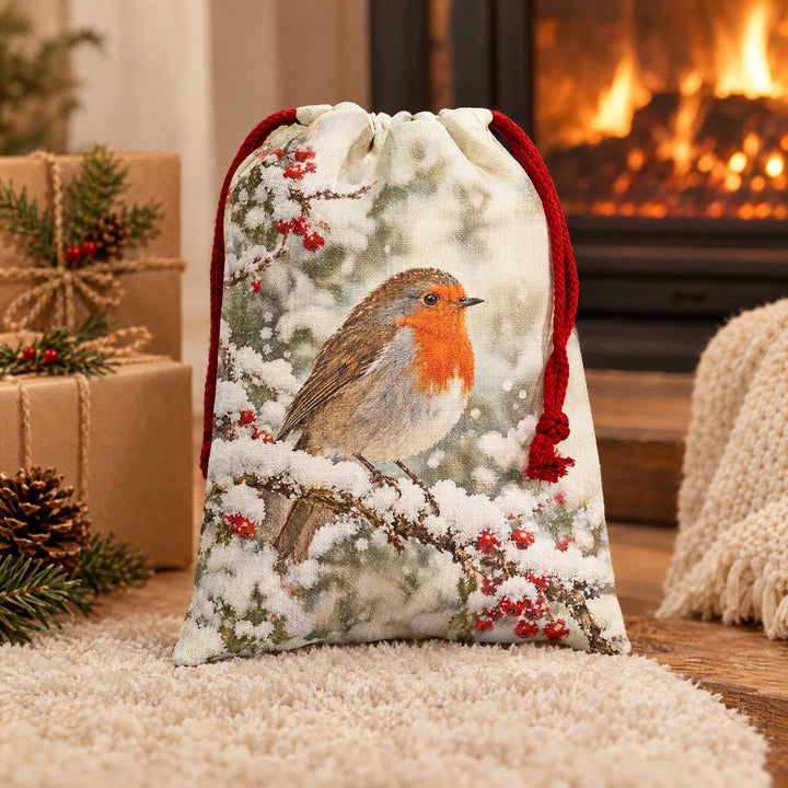 Small linen Santa sack printed with a winter robin design, beside a fireplace
