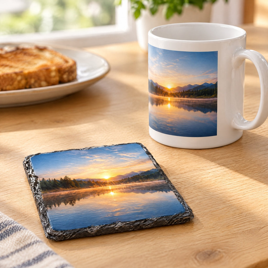 Square slate mug coasters printed with a calm lake at sunrise design, on a wooden kitchen table