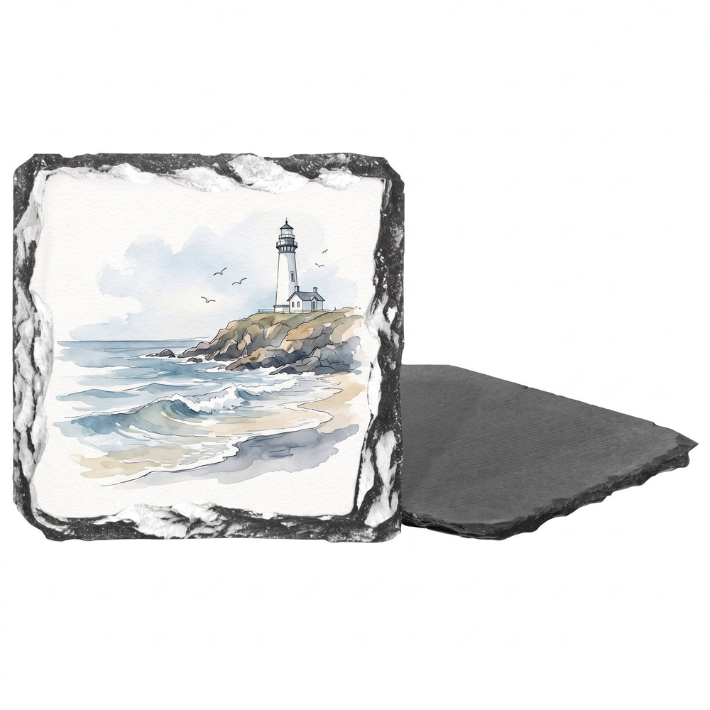Square slate mug coasters printed with a white lighthouse design