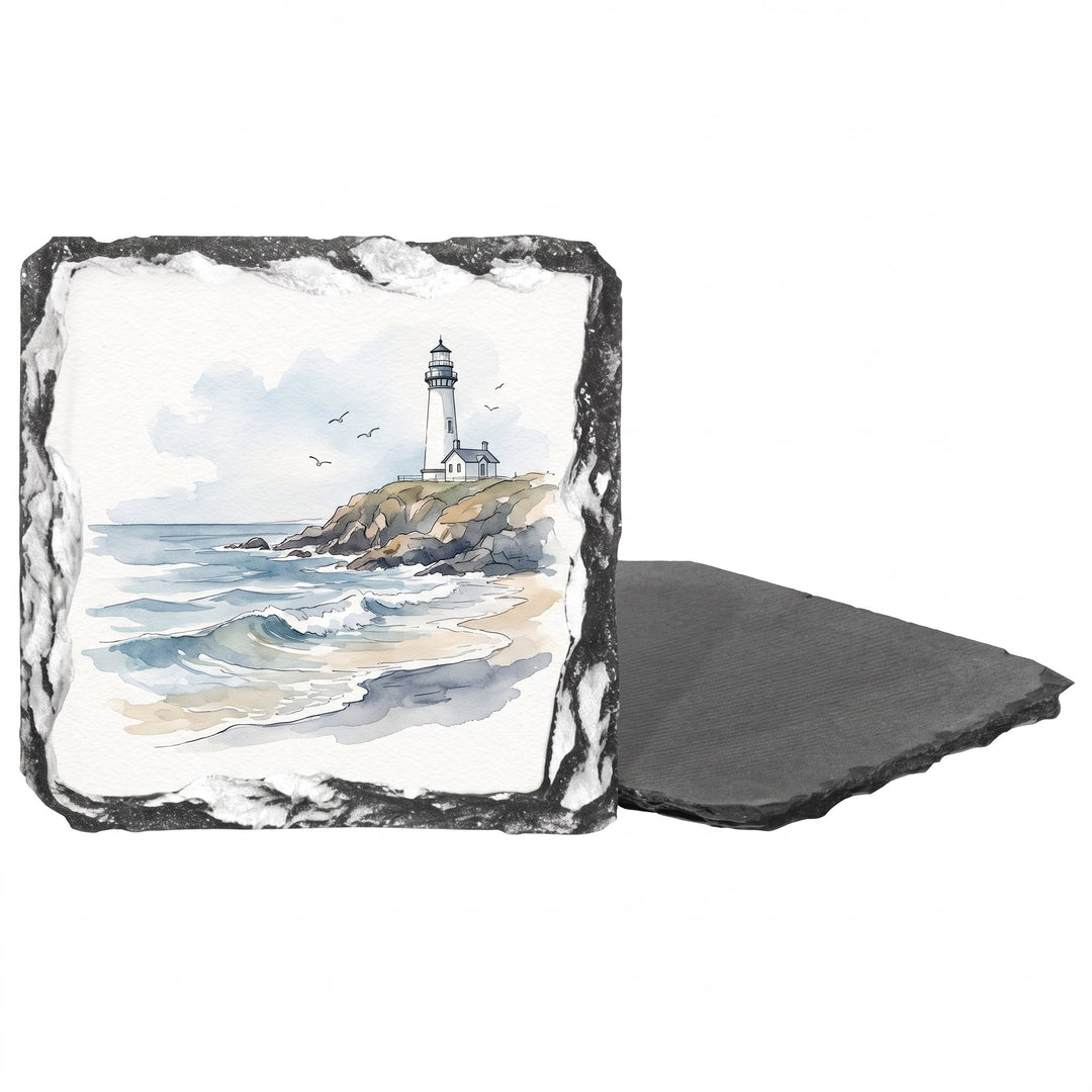Square slate mug coasters printed with a white lighthouse design