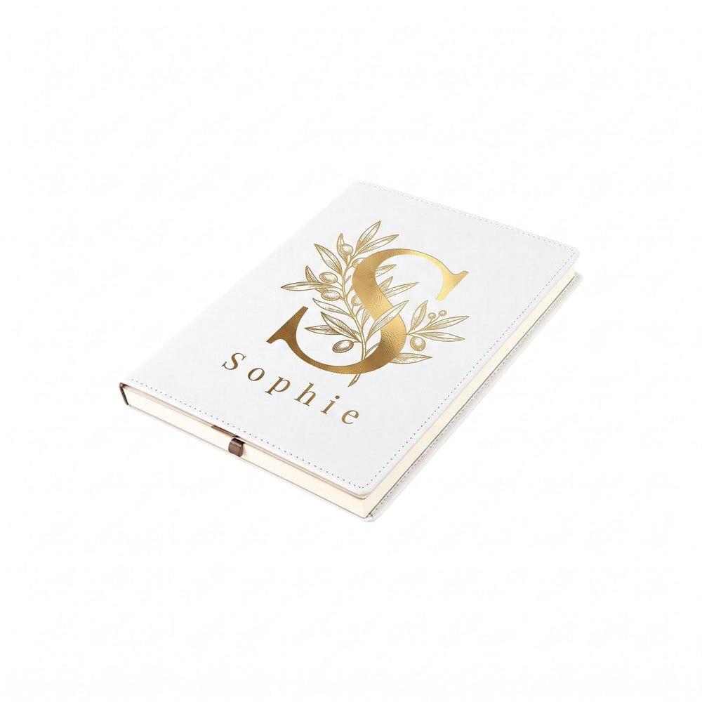 Sublimation A6 PU leather notebook printed with gold-foil-look olive sprigs and the name Sophie
