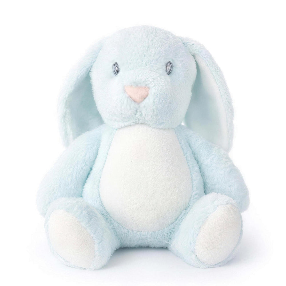 Sublimation blue rabbit plush toy, sitting, front view showing its blank white tummy panel