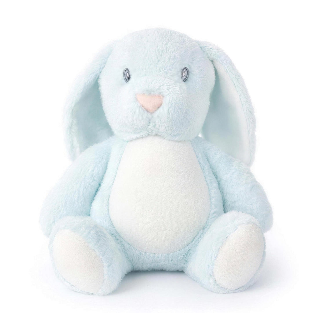 Sublimation blue rabbit plush toy, sitting, front view showing its blank white tummy panel