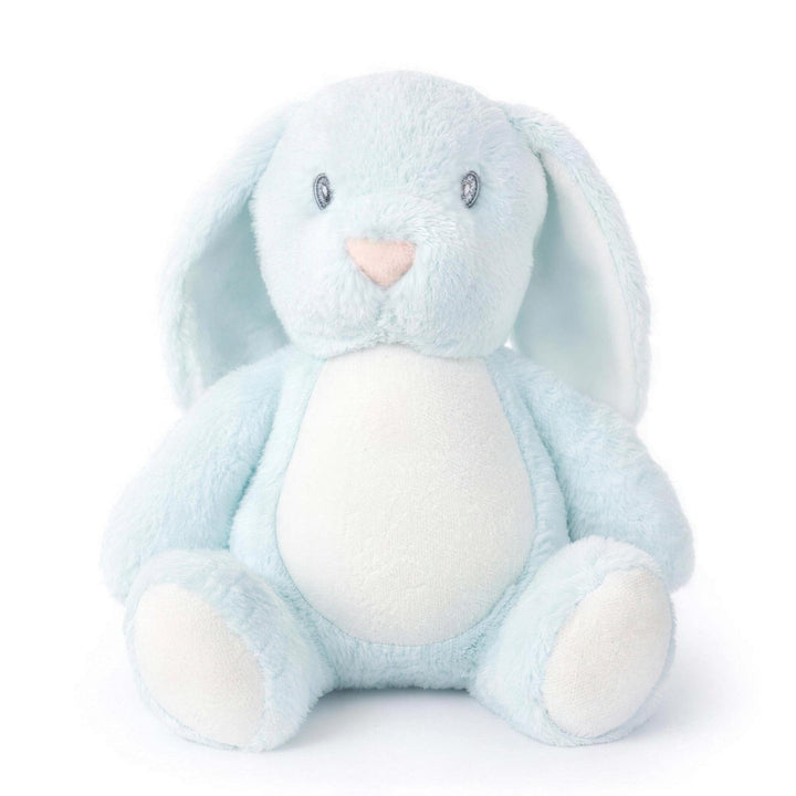 Sublimation blue rabbit plush toy, sitting, front view showing its blank white tummy panel