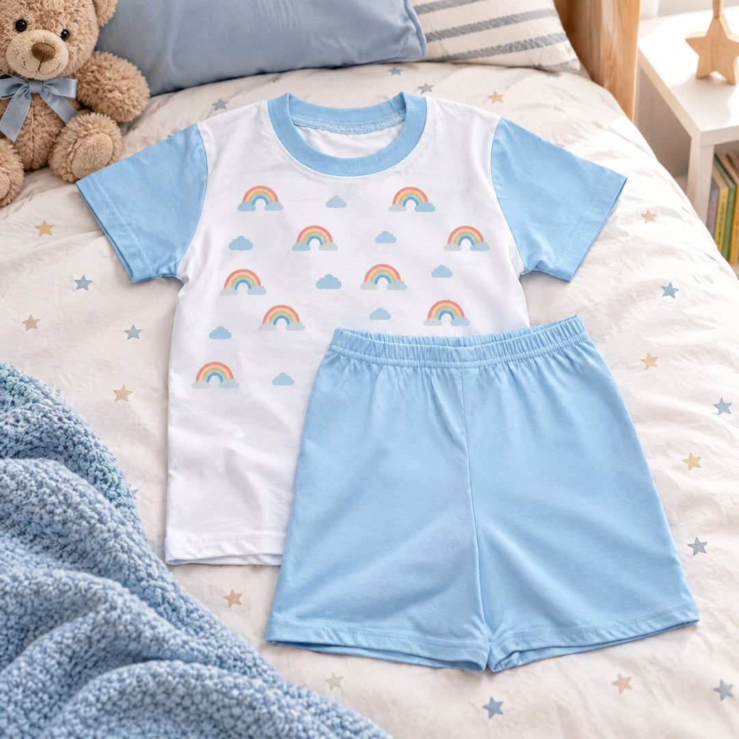 Blank T-shirt and Short/Pyjama set, blue, printed with little rainbows and clouds, laid out on a child&