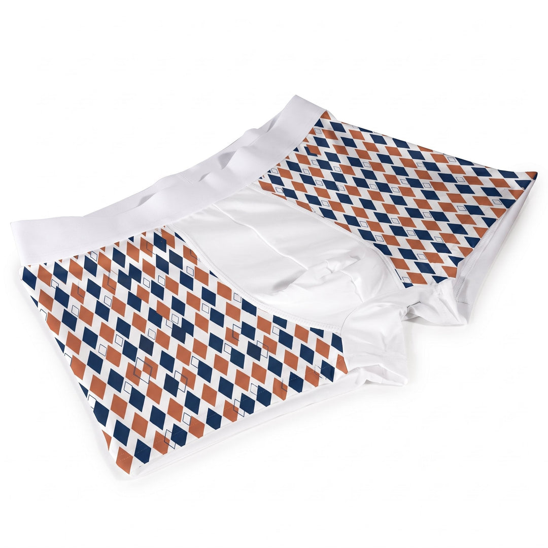 Sublimation boxer trunks printed with a two-colour geometric repeat