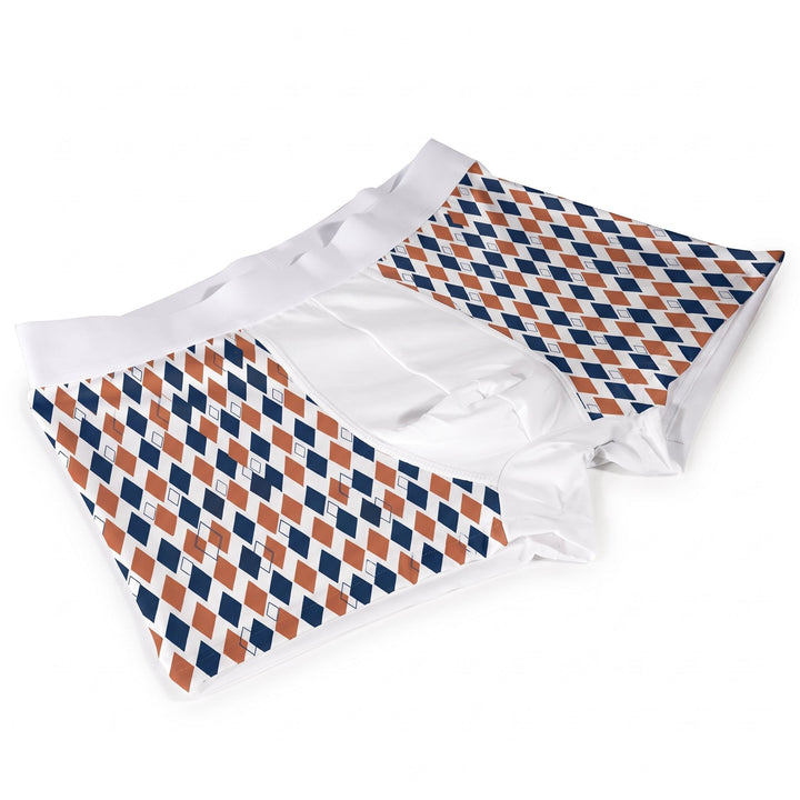Sublimation boxer trunks printed with a two-colour geometric repeat