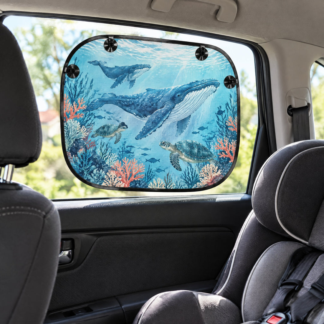 Sublimation car sun shade 2 piece printed with whales and turtles, on a rear side window
