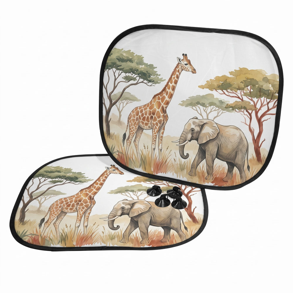 Sublimation car sun shade 2 piece printed with a giraffe and an elephant in gentle gouache design