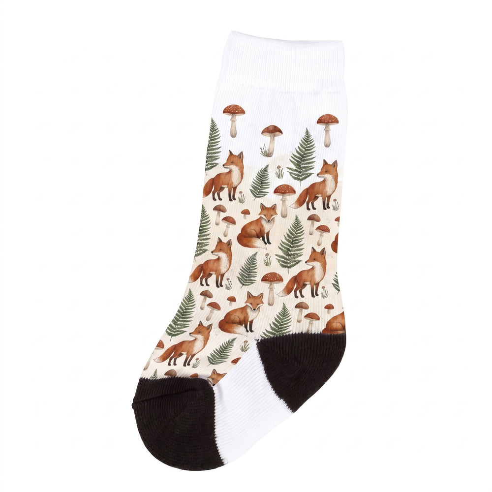 Sublimation child's socks printed with painterly foxes, mushrooms and ferns