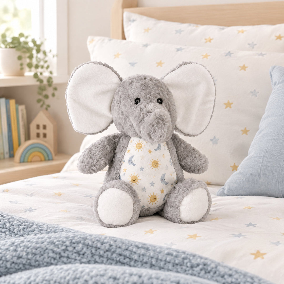 Sublimation elephant plush toy printed with suns, moons and stars, on a child&