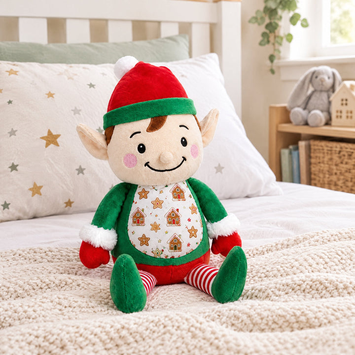 Sublimation elf plush toy printed with gingerbread houses and stars, on a child&
