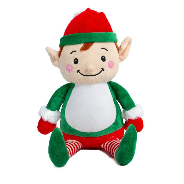 Sublimation elf plush toy, sitting, front view showing its blank white tummy panel