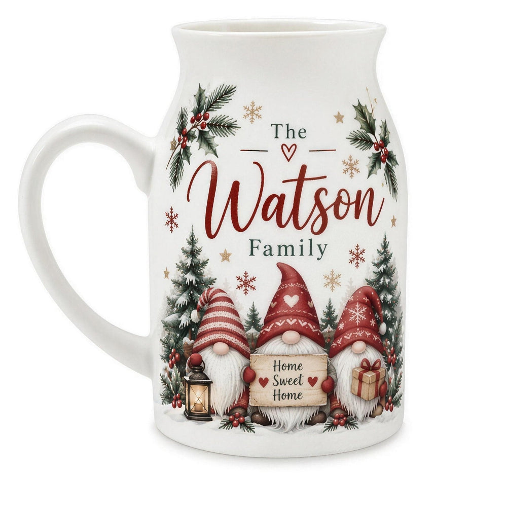 Sublimation milk mug, 450ml, printed with gnomes, Christmas trees and 'The Watson Family'