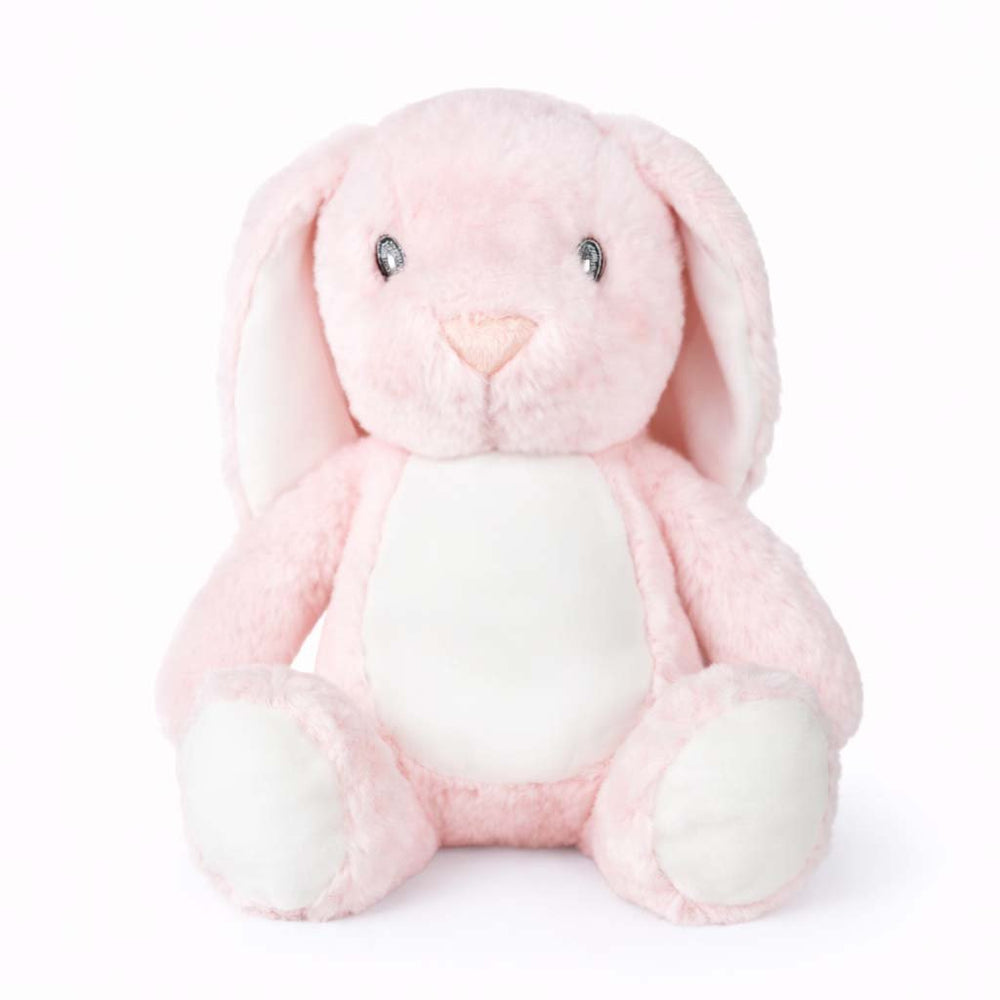 Sublimation pink rabbit plush toy, sitting, front view showing its blank white tummy panel