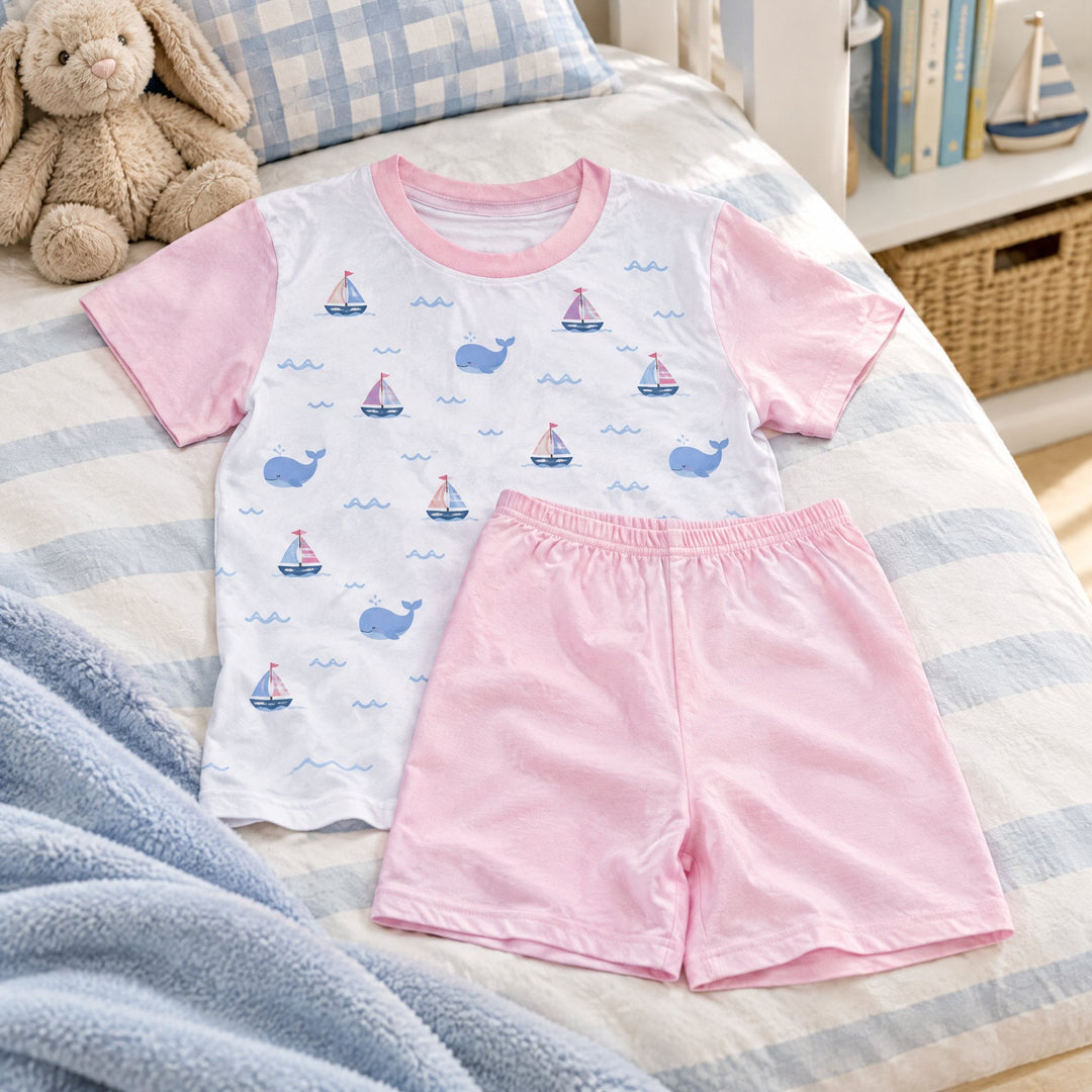 Sublimation T-shirt and Short/Pyjama set, pink, printed with little sailboats and whales, laid out on a child&