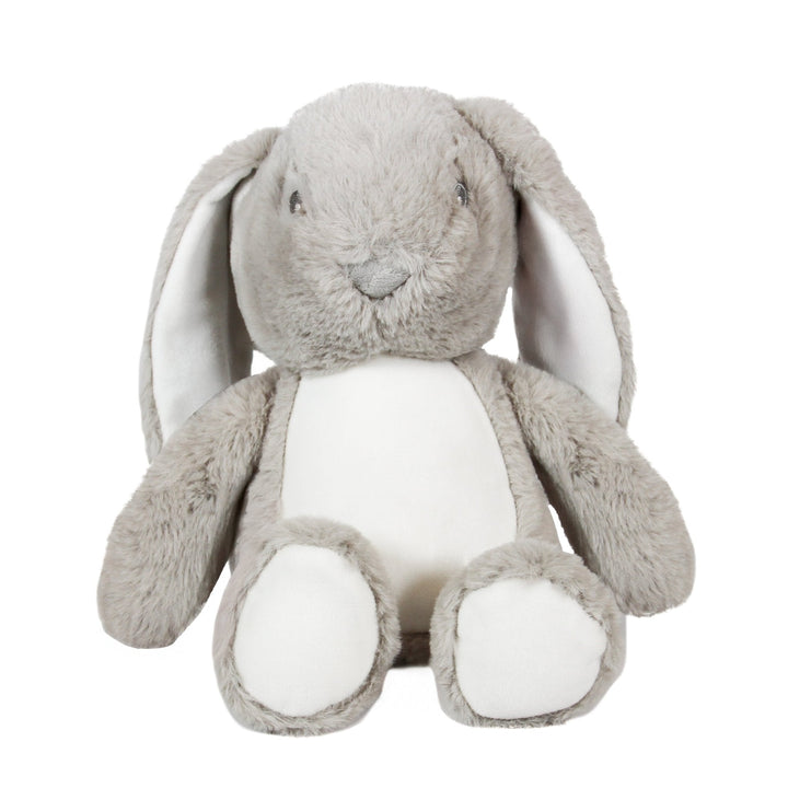 Sublimation rabbit plush toy, grey, sitting, front view showing its blank white tummy panel