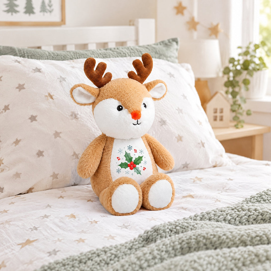Sublimation reindeer plush toy printed with holly, berries and snowflakes, on a child&