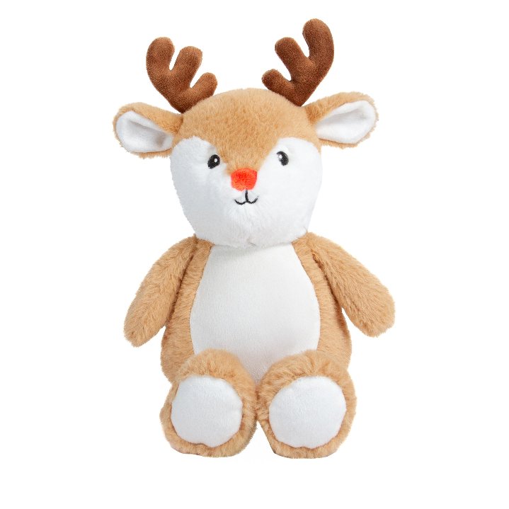 Sublimation reindeer plush toy with antlers and a red nose, front view showing its blank white tummy panel