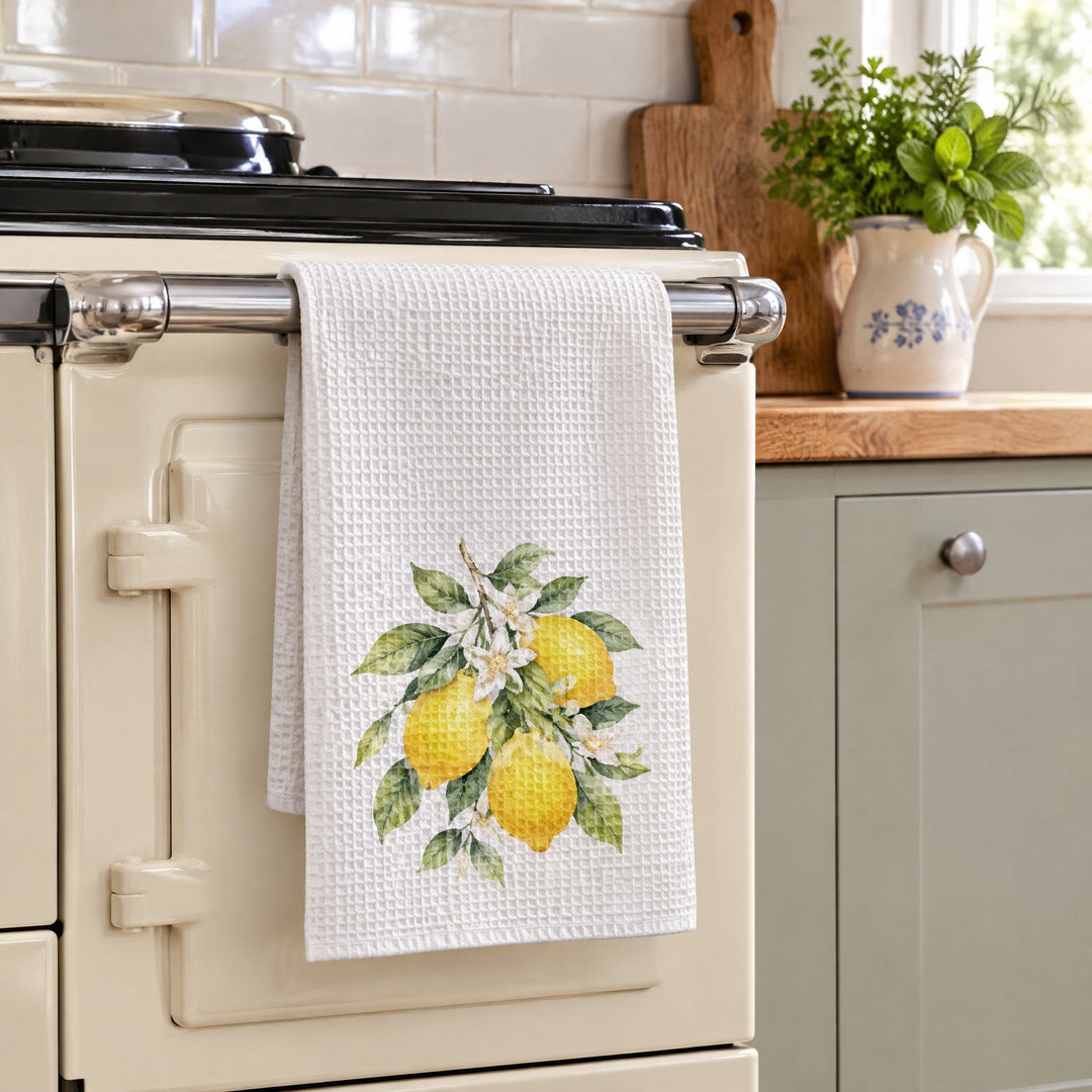 Sublimation waffle tea towel printed with lemons, hanging over a range cooker door