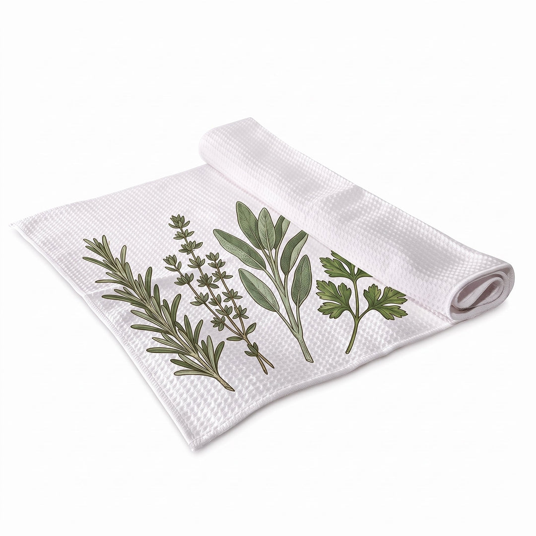 Sublimation waffle tea towel printed with a hand-painted kitchen-herb botanical design