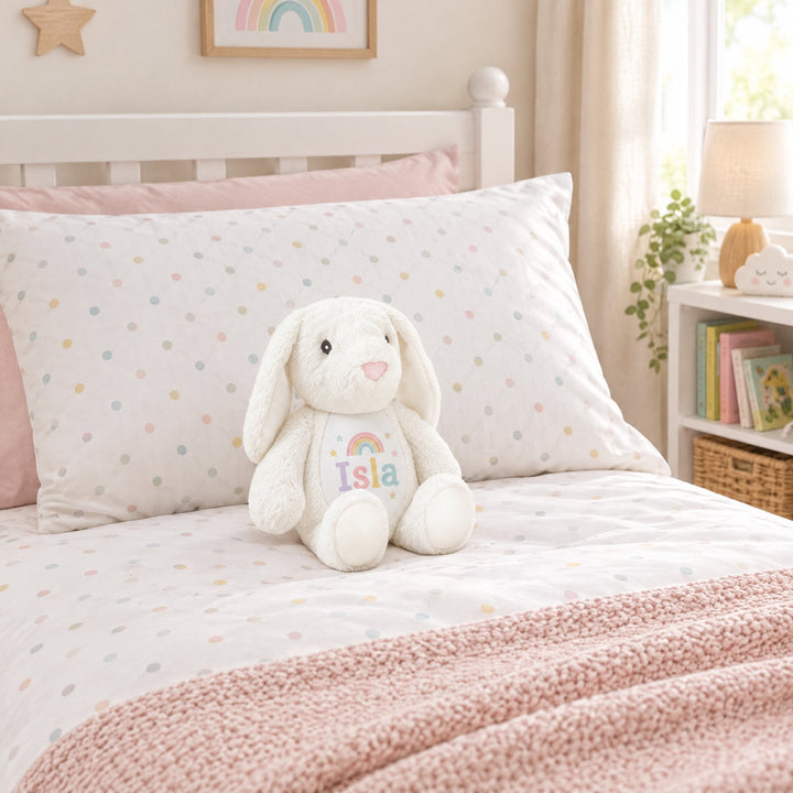 Sublimation white rabbit plush toy printed with stars and little rainbow and the name Isla, on a child&