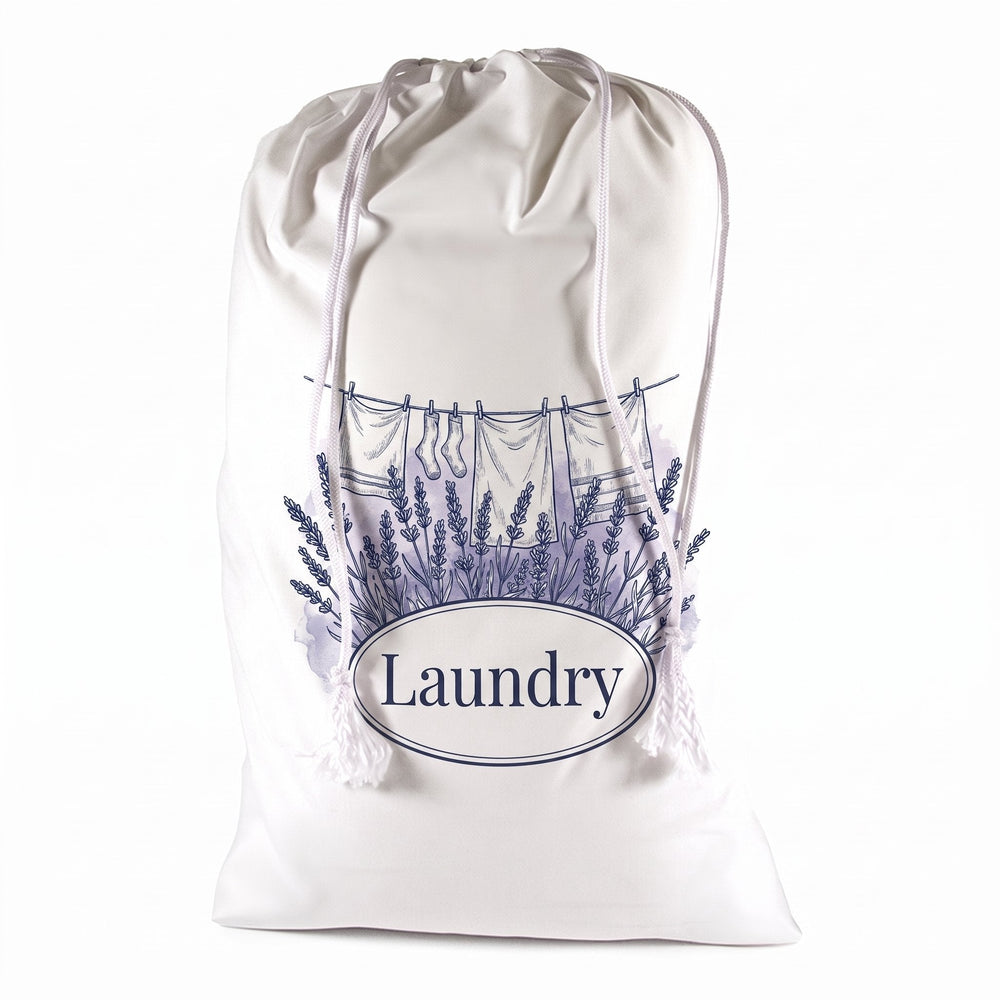 White cotton drawstring sacks 50 x 75cm printed with engraved washing line and lavender sprigs and the words 'Laundry'