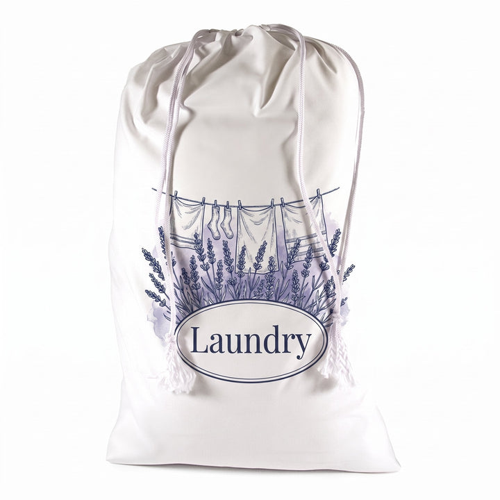 White cotton drawstring sacks 50 x 75cm printed with engraved washing line and lavender sprigs and the words &