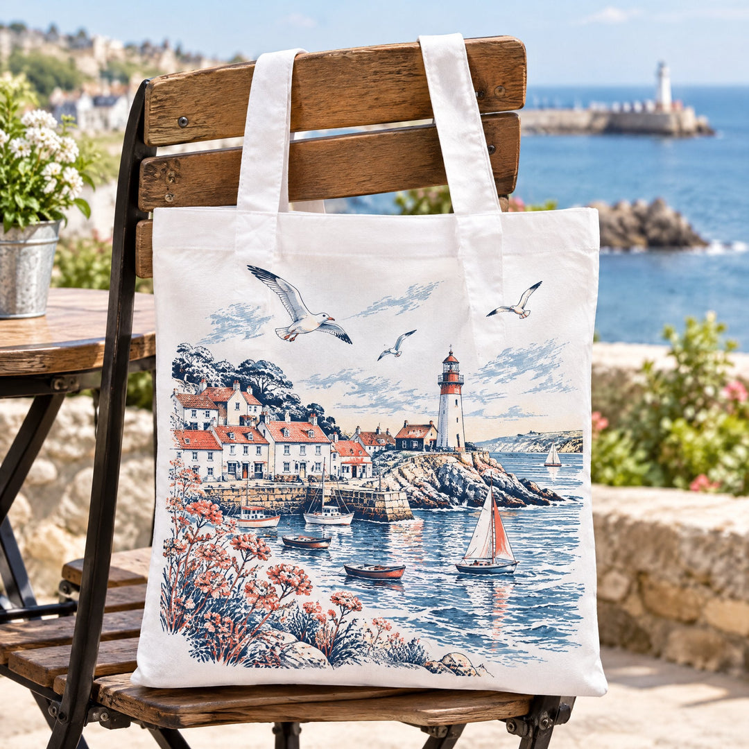 White cotton tote bags printed with a seaside town and lighthouse design, at a seaside terrace
