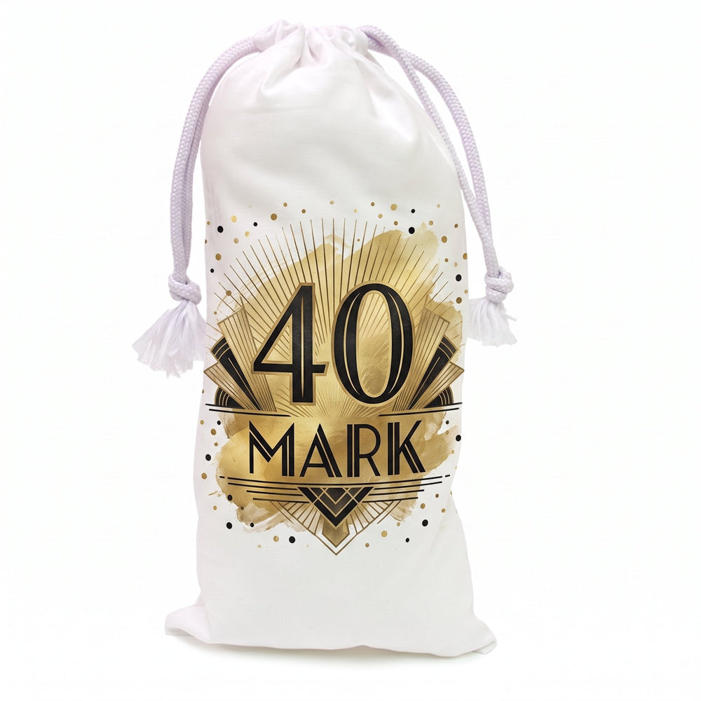 White cotton wine bottle bag printed with fan rays and confetti dots and the name Mark