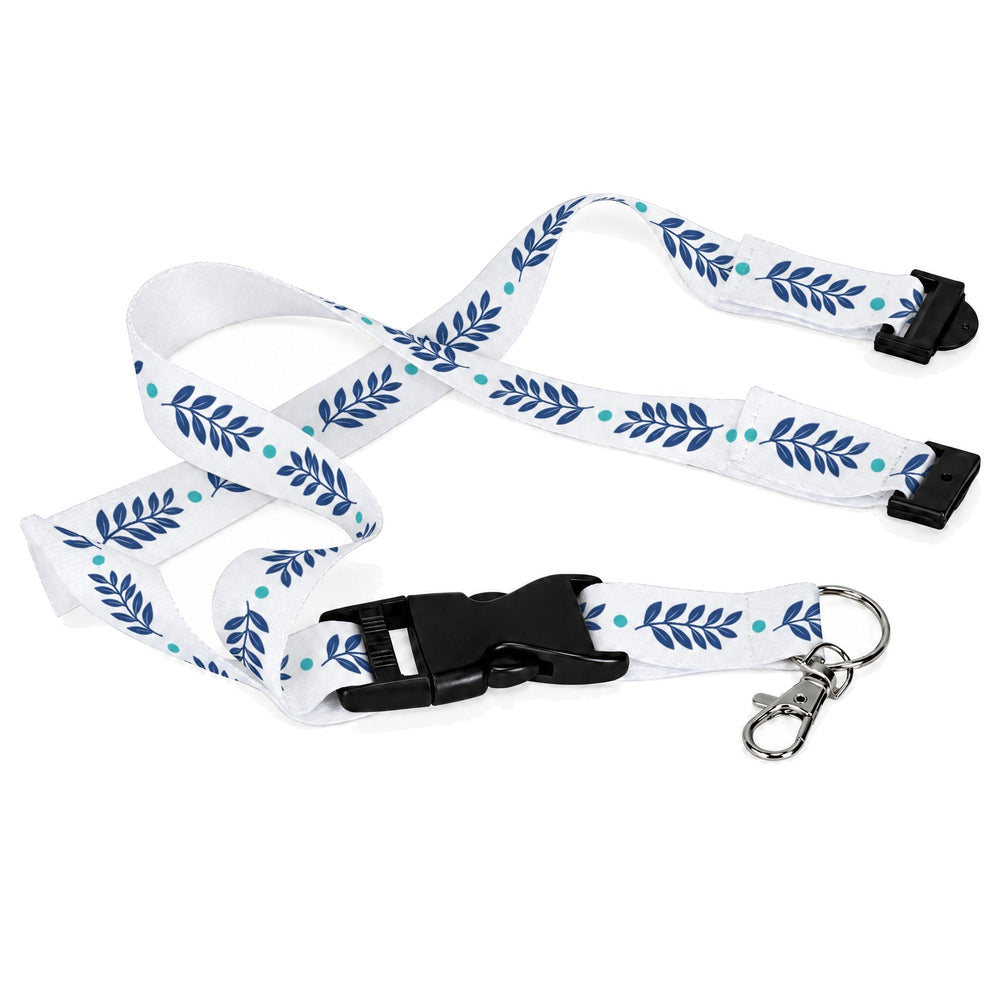 White sublimation lanyards printed with a repeat of navy leaf sprigs