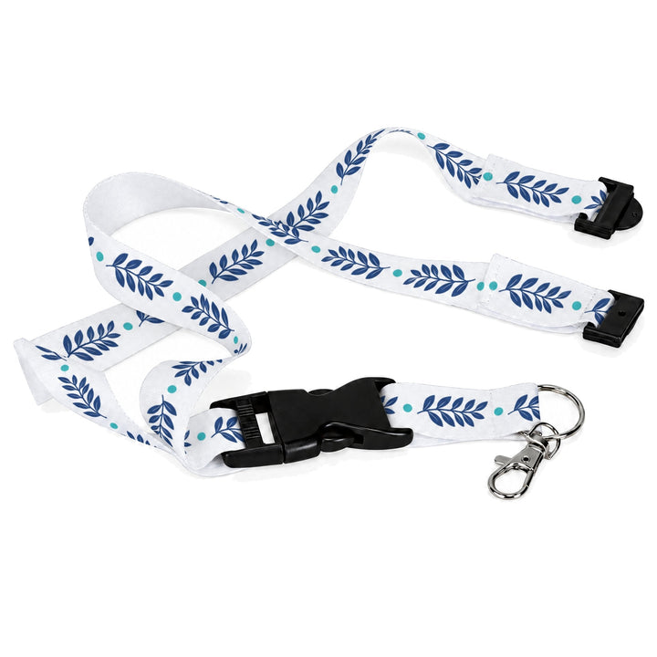 White sublimation lanyards printed with a repeat of navy leaf sprigs