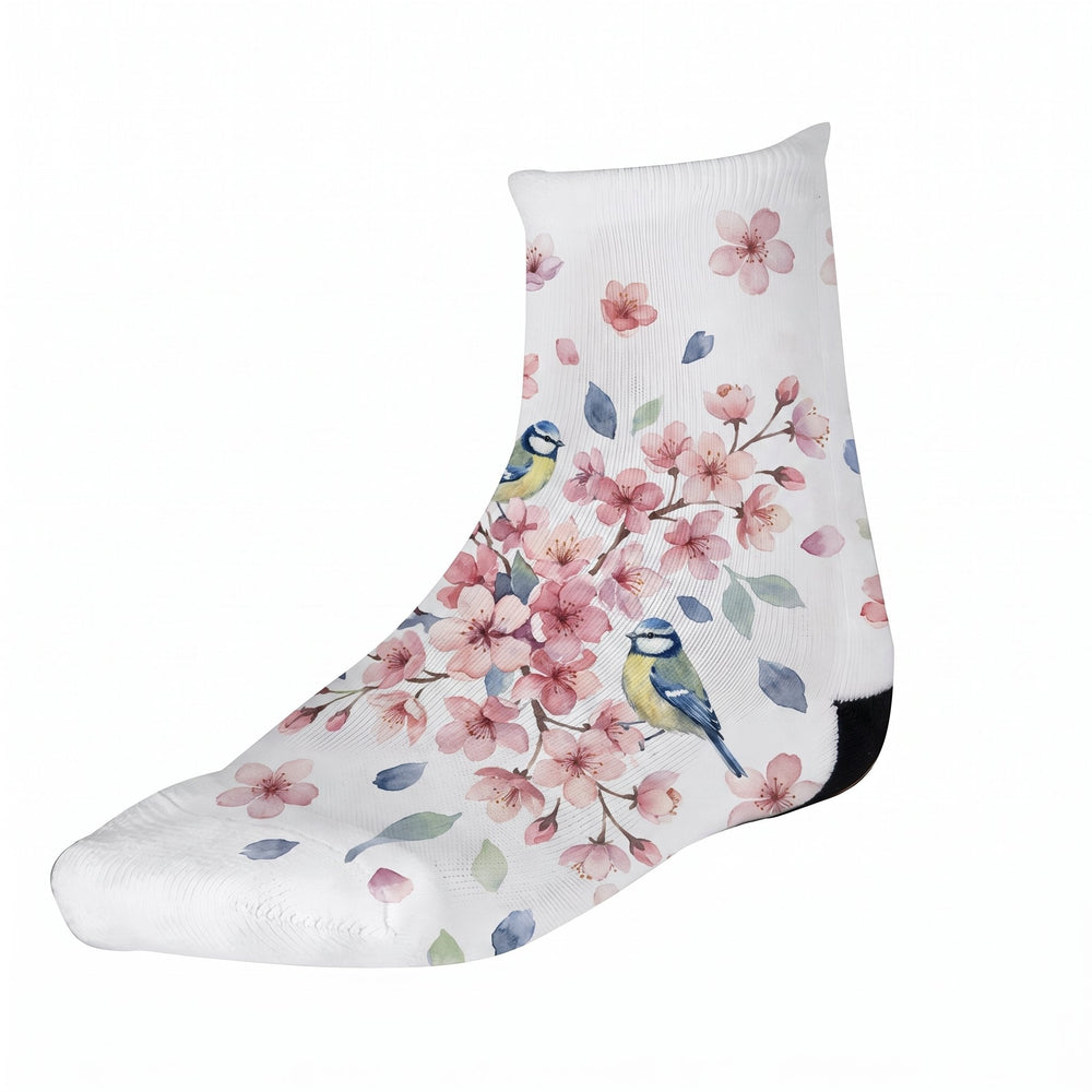 Women's black heel sublimation socks printed with watercolour cherry-blossom sprigs