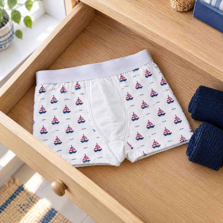 Sublimation boxer trunks printed with a width design, in use