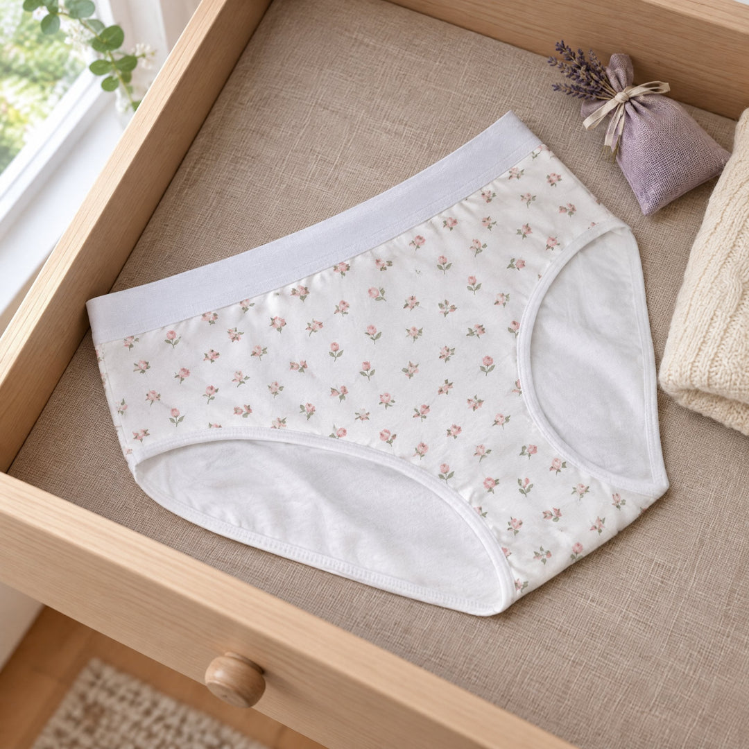 Sublimation underwear for women printed with blush-pink rosebuds, laid flat on an an pale-wood drawer